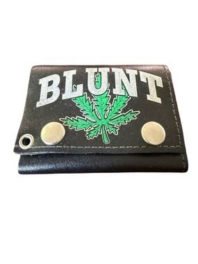 Vintage Blunt Marijuana Leaf Weed Ganja Black Leather Trifold Wallet Made in USA